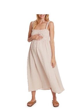Lola maternity and nursing dress Smocked Square-Neck Midi Dress in Light Beige